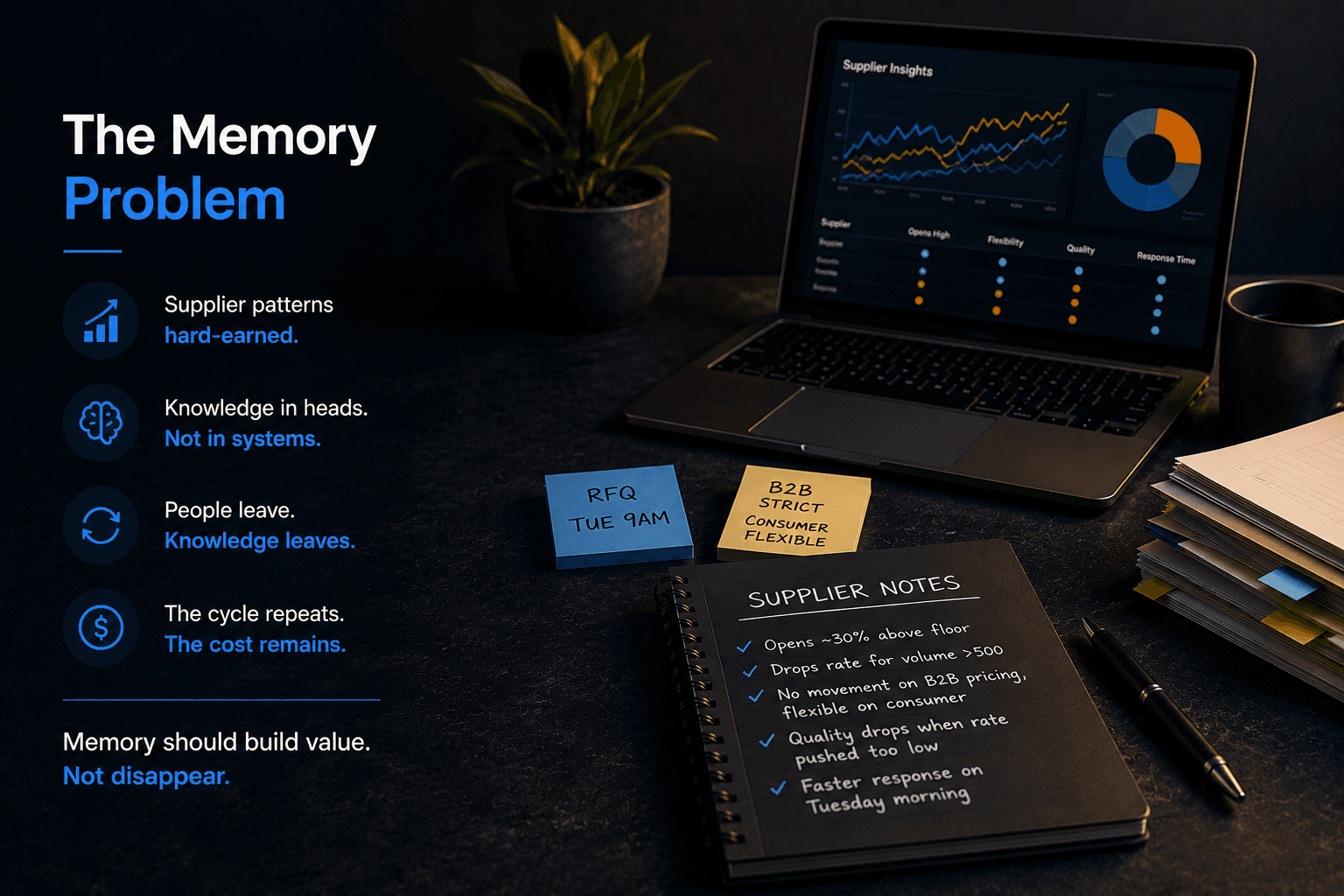 Dark-themed workspace with supplier notes, analytics dashboard, and knowledge icons representing institutional memory and supplier intelligence.