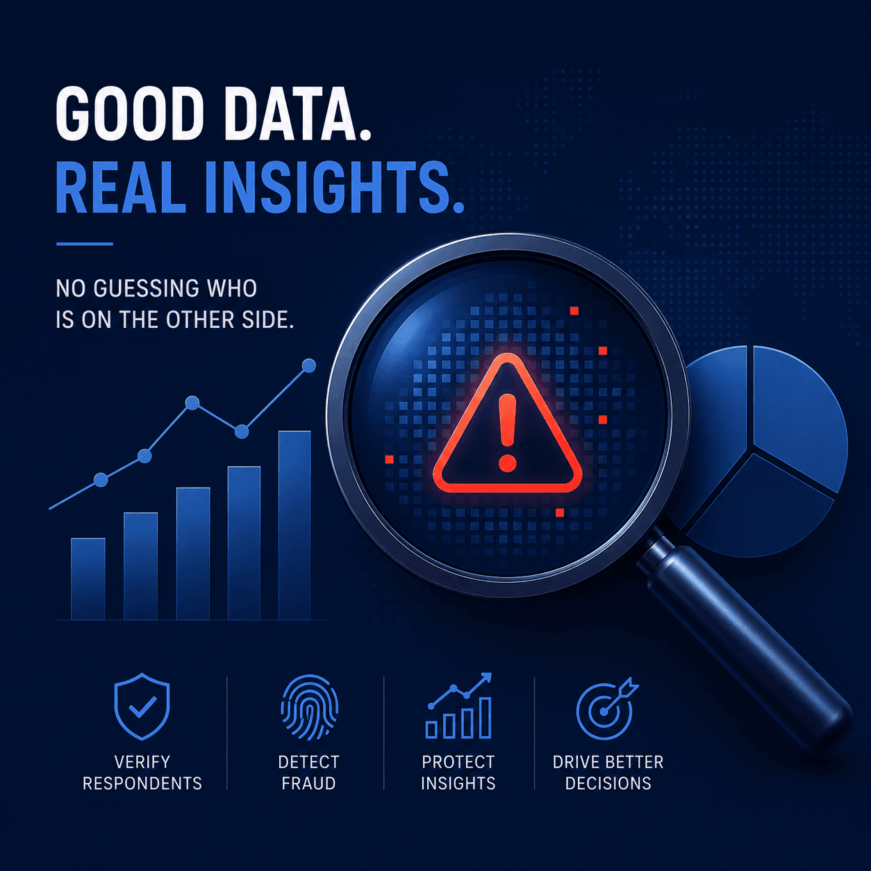 Research integrity illustration featuring data analysis, respondent verification, and fraud detection working together to protect decision-making.