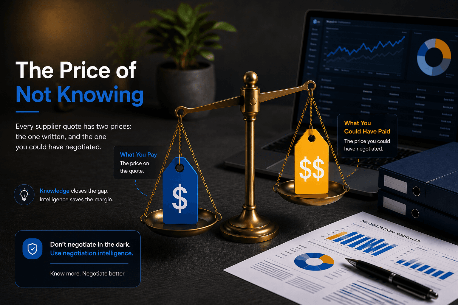 Dark corporate illustration showing a balance scale comparing quoted price versus negotiable price, symbolizing hidden negotiation opportunities in supplier pricing.