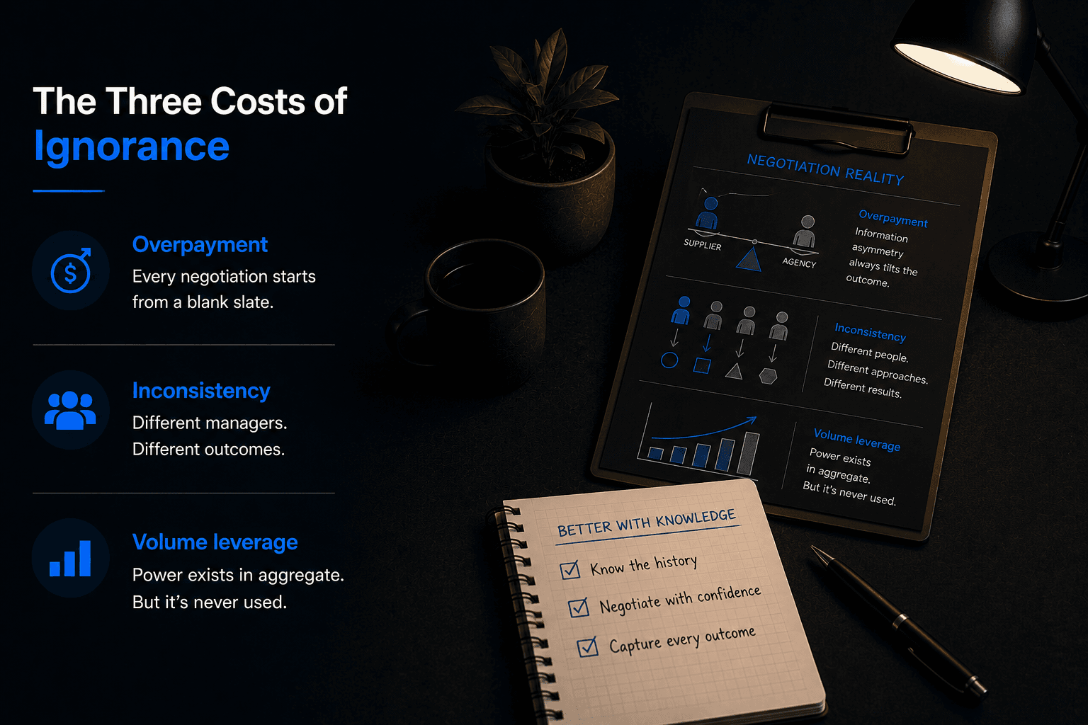 Business infographic illustrating the three major costs of lacking supplier intelligence: overpayment, inconsistent negotiations, and lost volume leverage.