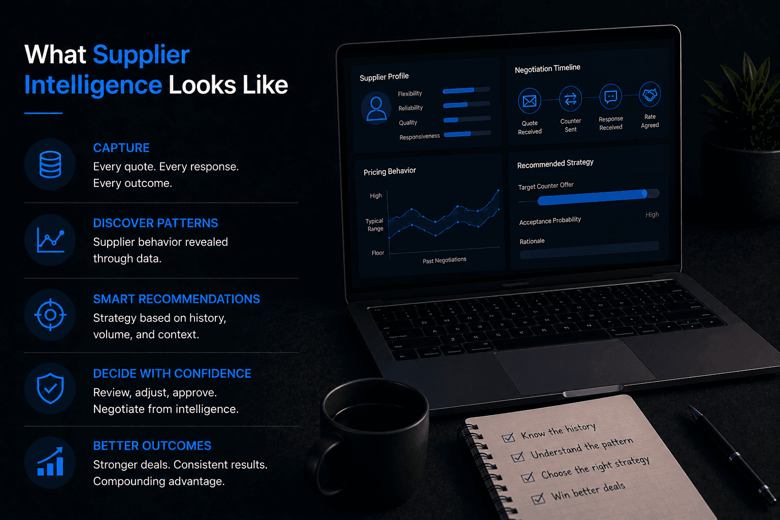Modern supplier intelligence dashboard displaying negotiation history, supplier profiles, pricing patterns, and workflow.