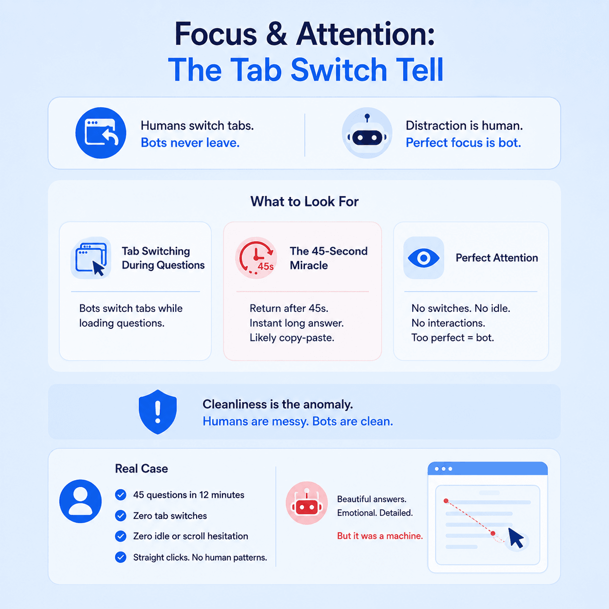 Infographic comparing human distraction and bot-like perfect focus, highlighting tab switching, unusually fast returns, and uninterrupted survey activity as behavioral signals.