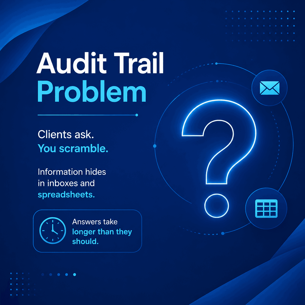 Blue infographic illustrating the audit trail problem, showing a large question mark surrounded by email and spreadsheet icons to represent information scattered across different sources and difficult to retrieve quickly.