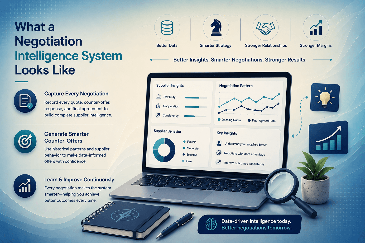 Professional market research infographic featuring a negotiation intelligence dashboard with supplier insights, negotiation patterns, data analytics, and connected strategy visuals in navy, teal, blue, and cream.